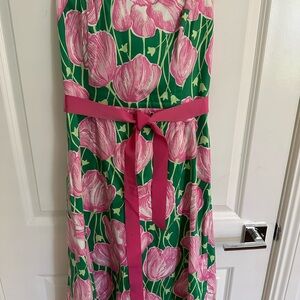Lilly Pulitzer Pink and Green Strapless Sundress for Wedding Guest